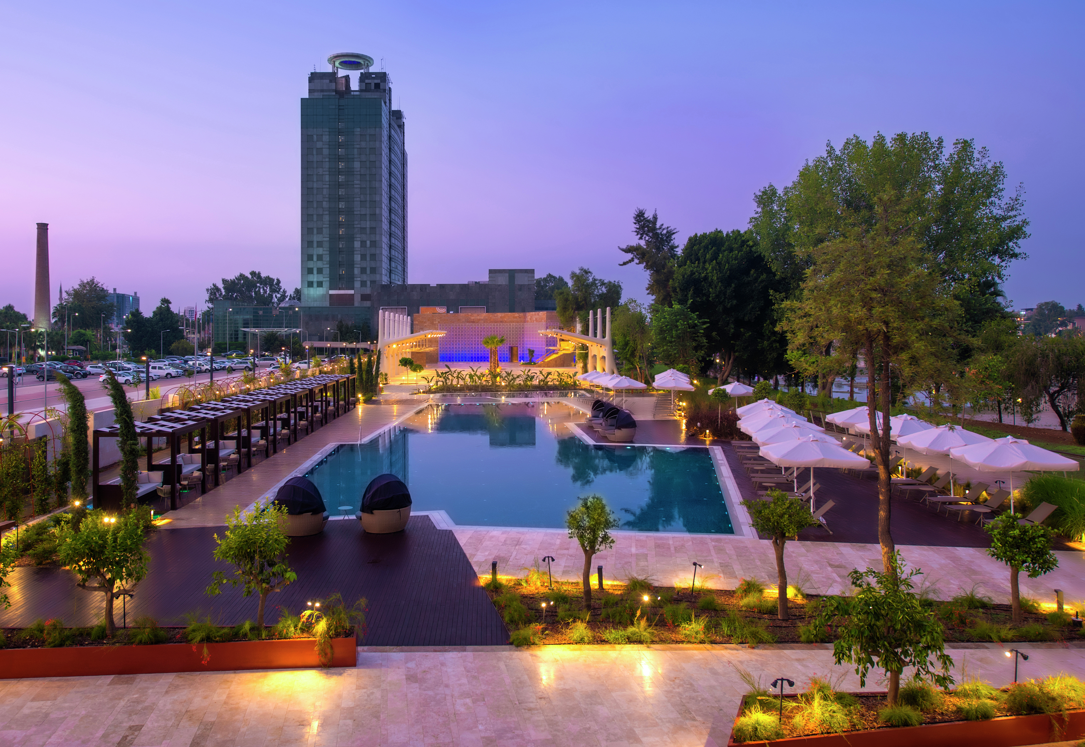 Adana HiltonSA Rivcerside Pool Bar at Night