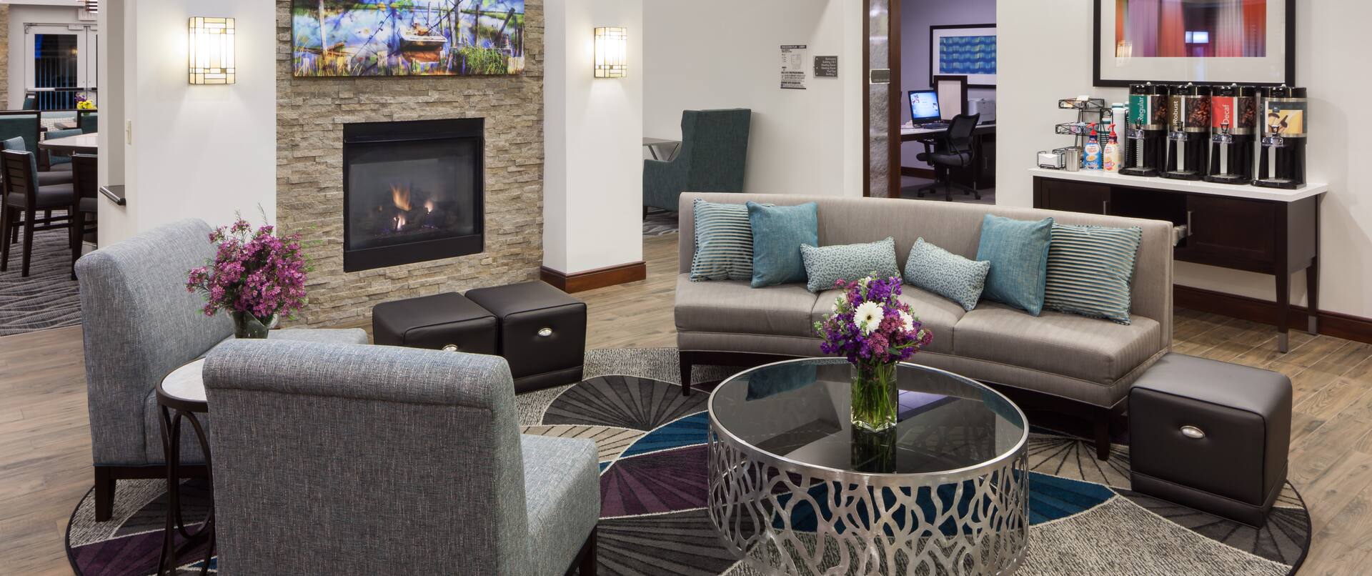 Lobby Seating, Fireplace, Coffee Station