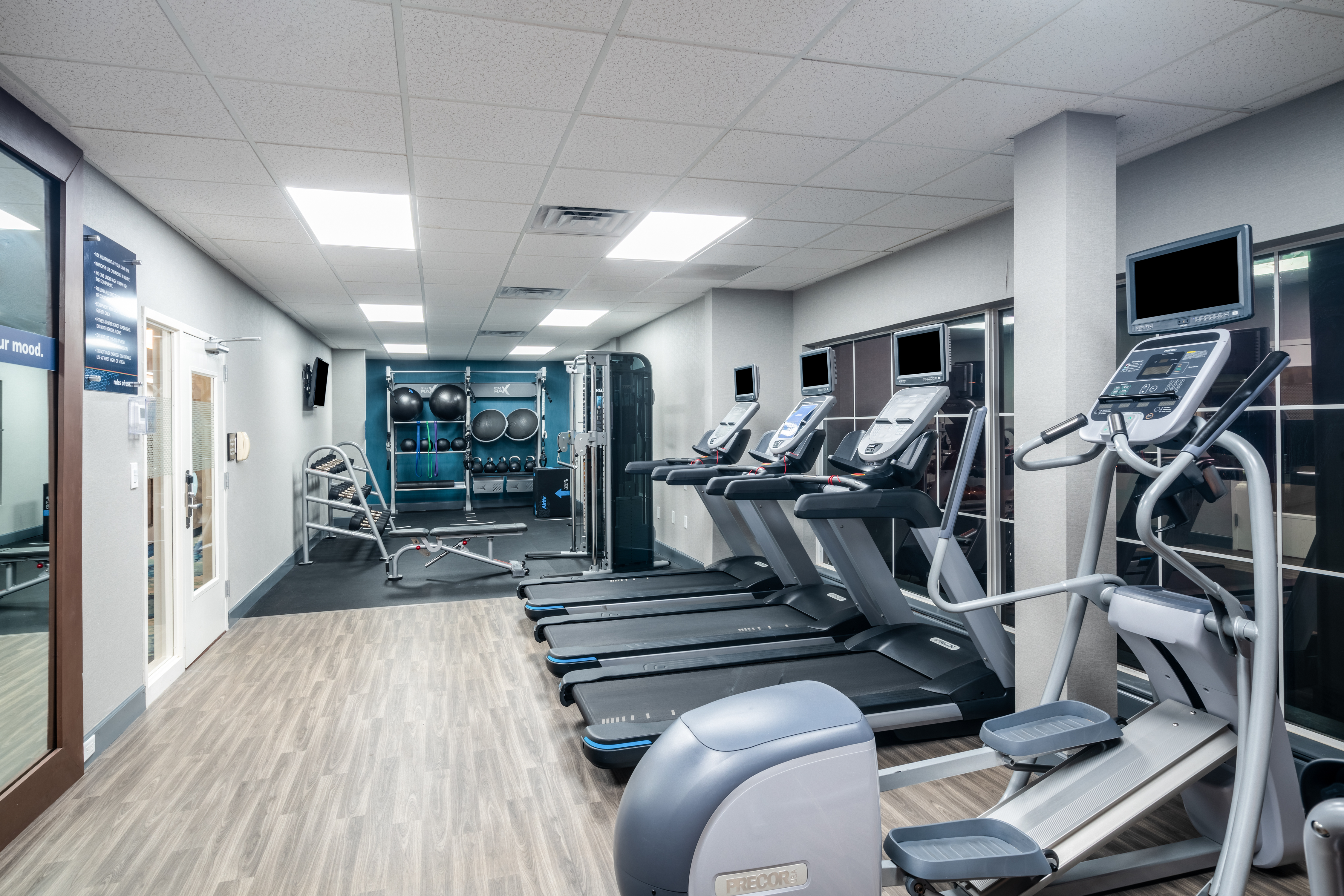 Fitness center with treadmills weights and exercise bike