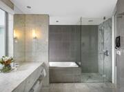 Bath Vanity Tub and Glass Door Shower