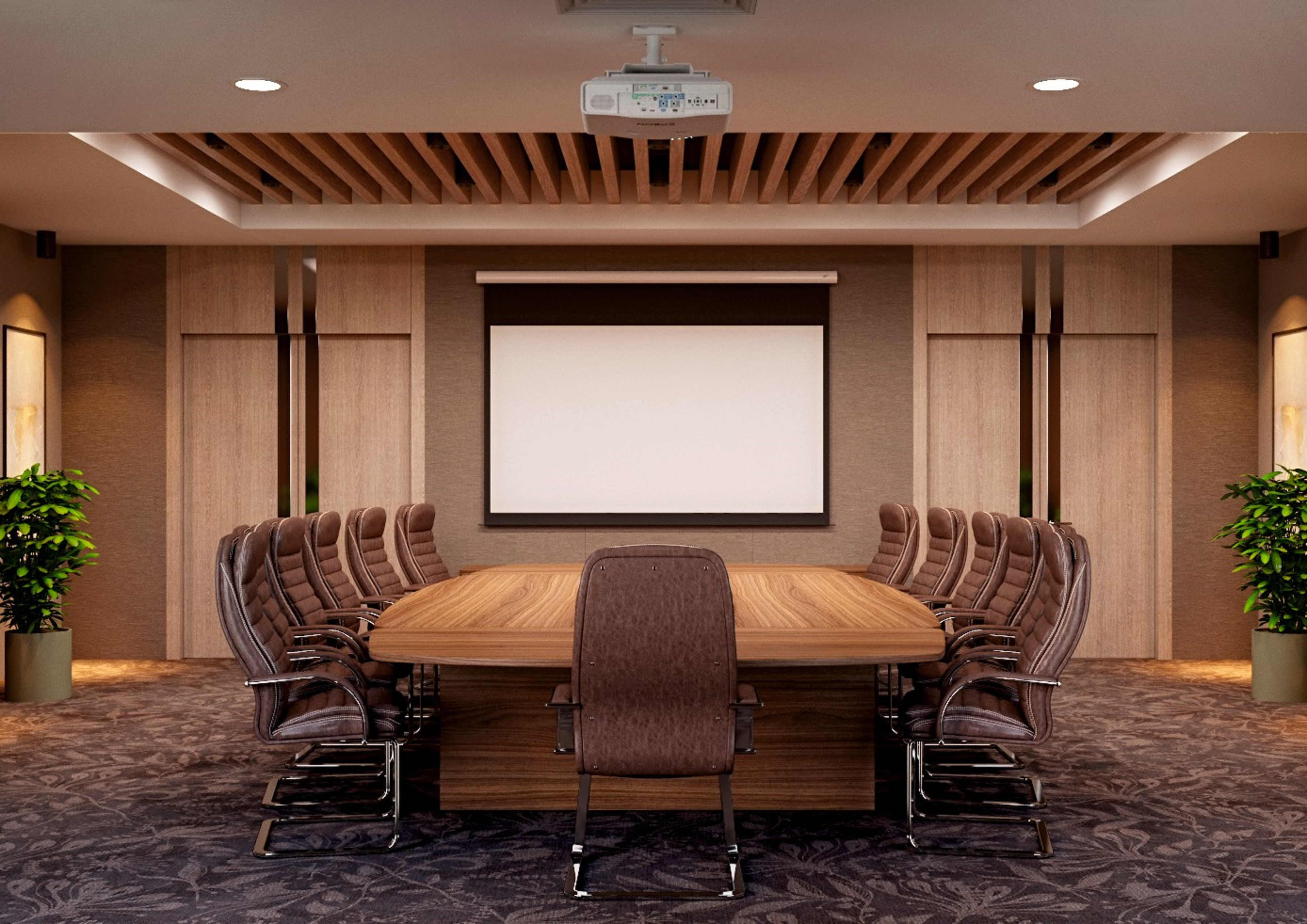 Meeting Room with Large Table, Office Chairs and Projector Screen
