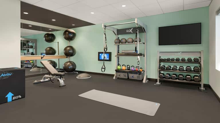 Fitness center with weights, exercise balls and other exercise equipment
