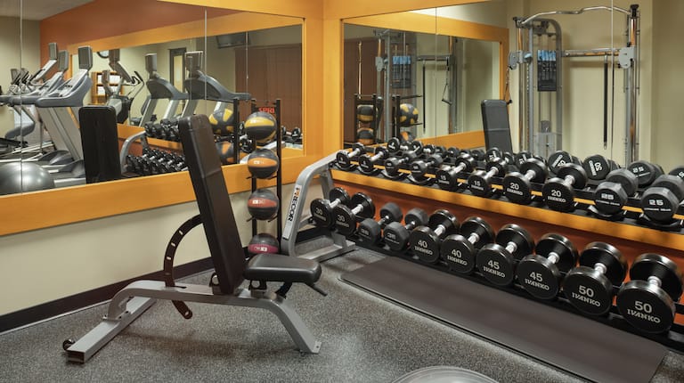 Convenient on-site fitness center fully equipped with cardio machines, exercise equipment, and free weights.