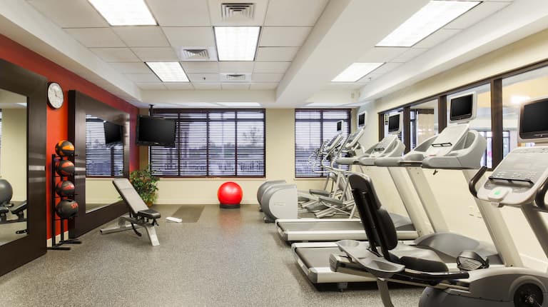 Fitness center with treadmills and other equipment.