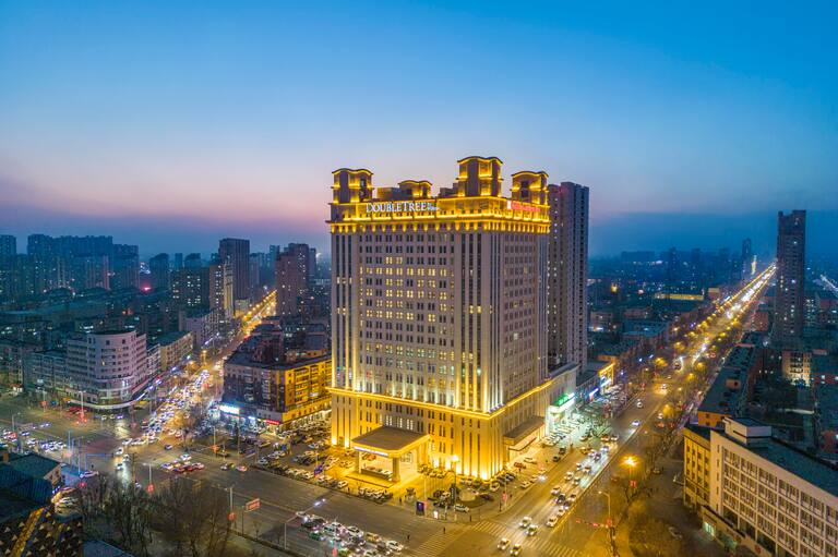 aerial view of hotel exterior at night