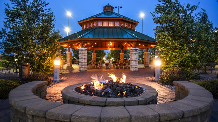 Hotel Exterior with a Fire Pit