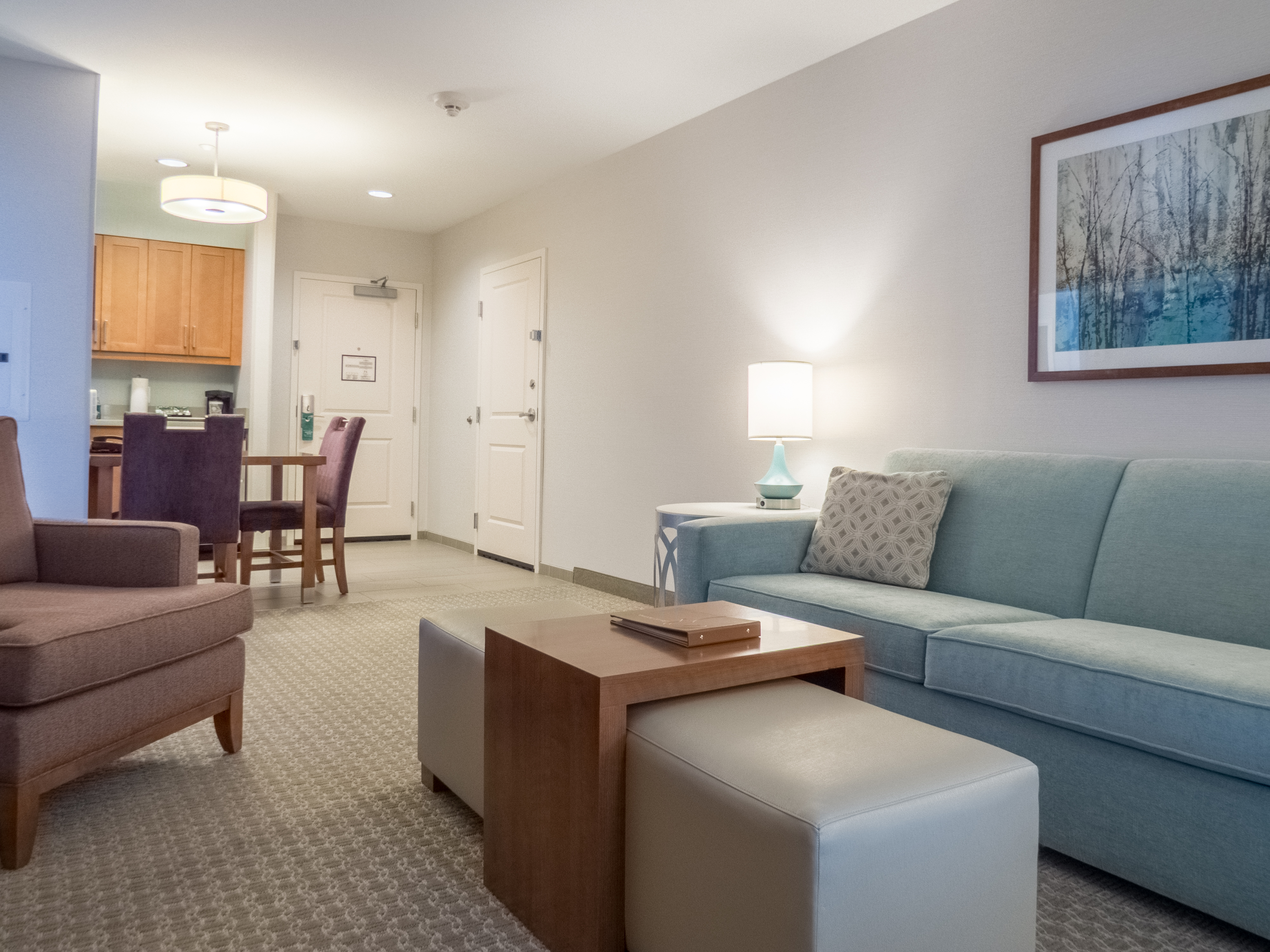 Hearing Accessible Suite Living Area with Lounge Seating and Kitchen