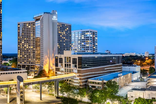 Hilton Atlanta hotel exterior at dusk