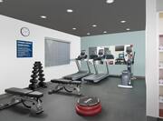Fitness Center With Two Weight Benches, Free Weights, Cardio Equipment Facing a Large Mirror, Aerobic Step, and Towel Station