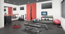 Fitness Center With Large Mirror, Two TVs, Exercise Mats, Three Exercise Balls, Kettle Bell Weights, Scale, Two Weight Benches, and Aerobic Step