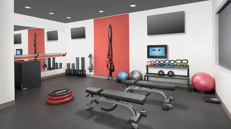 Fitness Center With Large Mirror, Two TVs, Exercise Mats, Three Exercise Balls, Kettle Bell Weights, Scale, Two Weight Benches, and Aerobic Step
