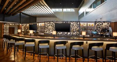Counter Seating at Fully Stocked Bar With TVs and Illuminated Lamps
