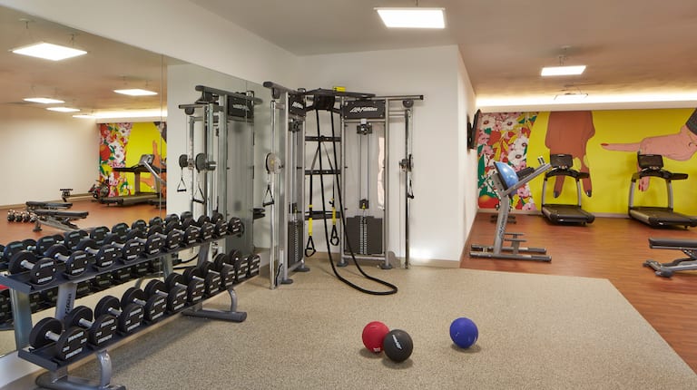 Fitness Center With Mirrored Wall, Free Weights, Weght Balls, Weight Machine in Corner, Cardio by Large Wall Mural, and Weight Bench