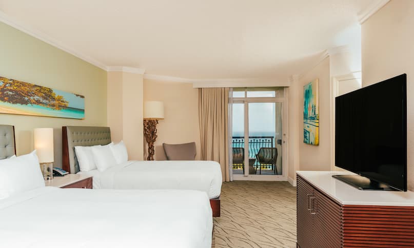 Two Beds in Guest Room with HDTV and Balcony Overlooking the Ocean-next-transition