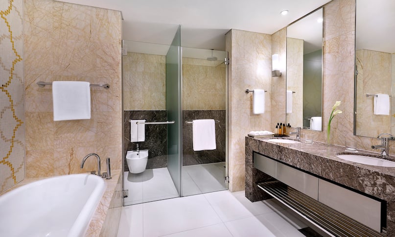 Suite Bathroom with Dual Vanity Area Shower and Bathtub-previous-transition
