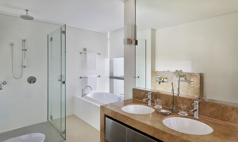 One Bedroom Apartment Bathroom with Dual Vanity Area Shower and Separate Bathtub-previous-transition