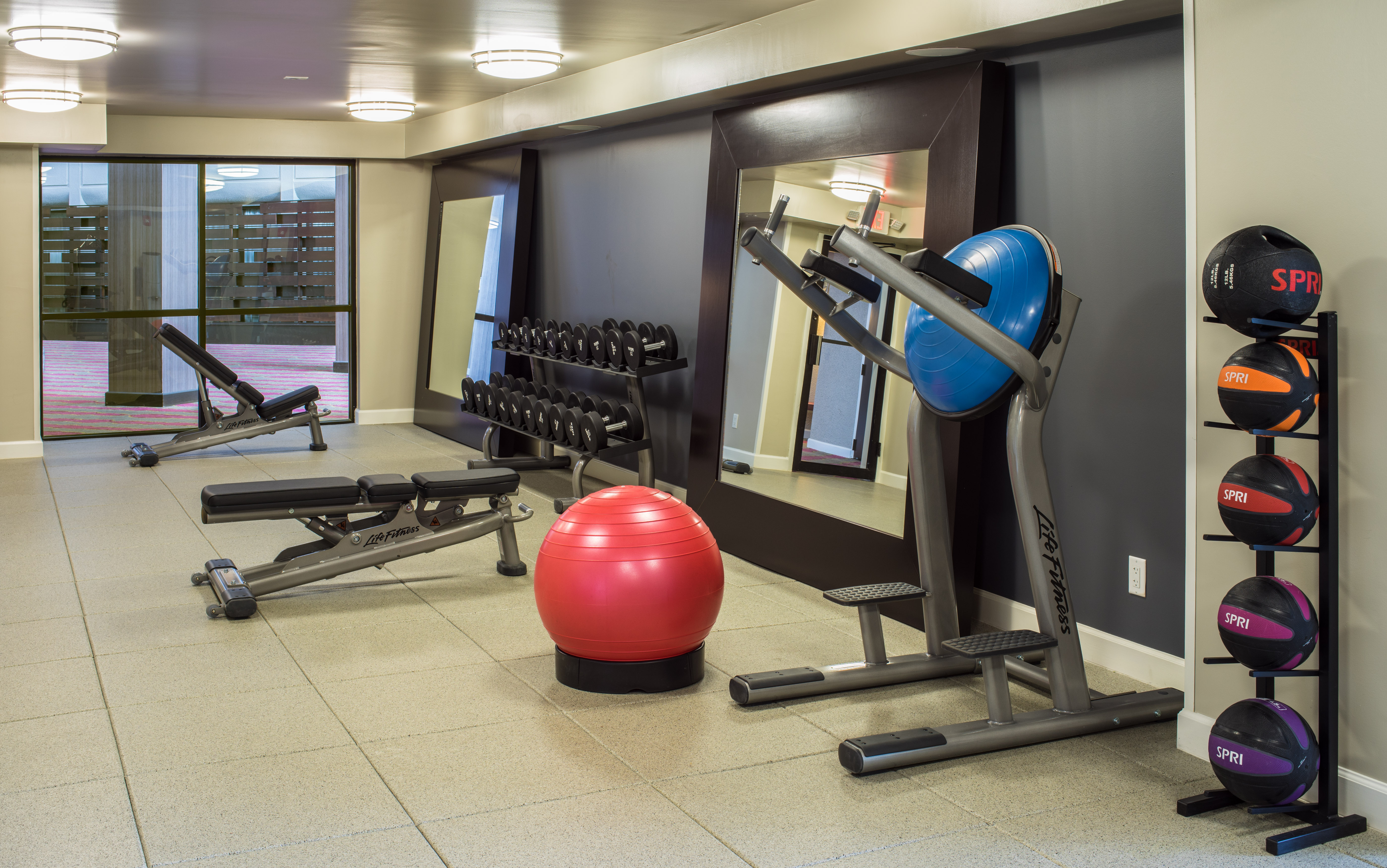 Fitness Center With Weight Benches, Free Weights, Two Large Mirrors, Red Exercise Ball, Life Fitness Machine, and Weight Balls