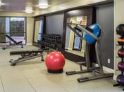 Fitness Center With Weight Benches, Free Weights, Two Large Mirrors, Red Exercise Ball, Life Fitness Machine, and Weight Balls
