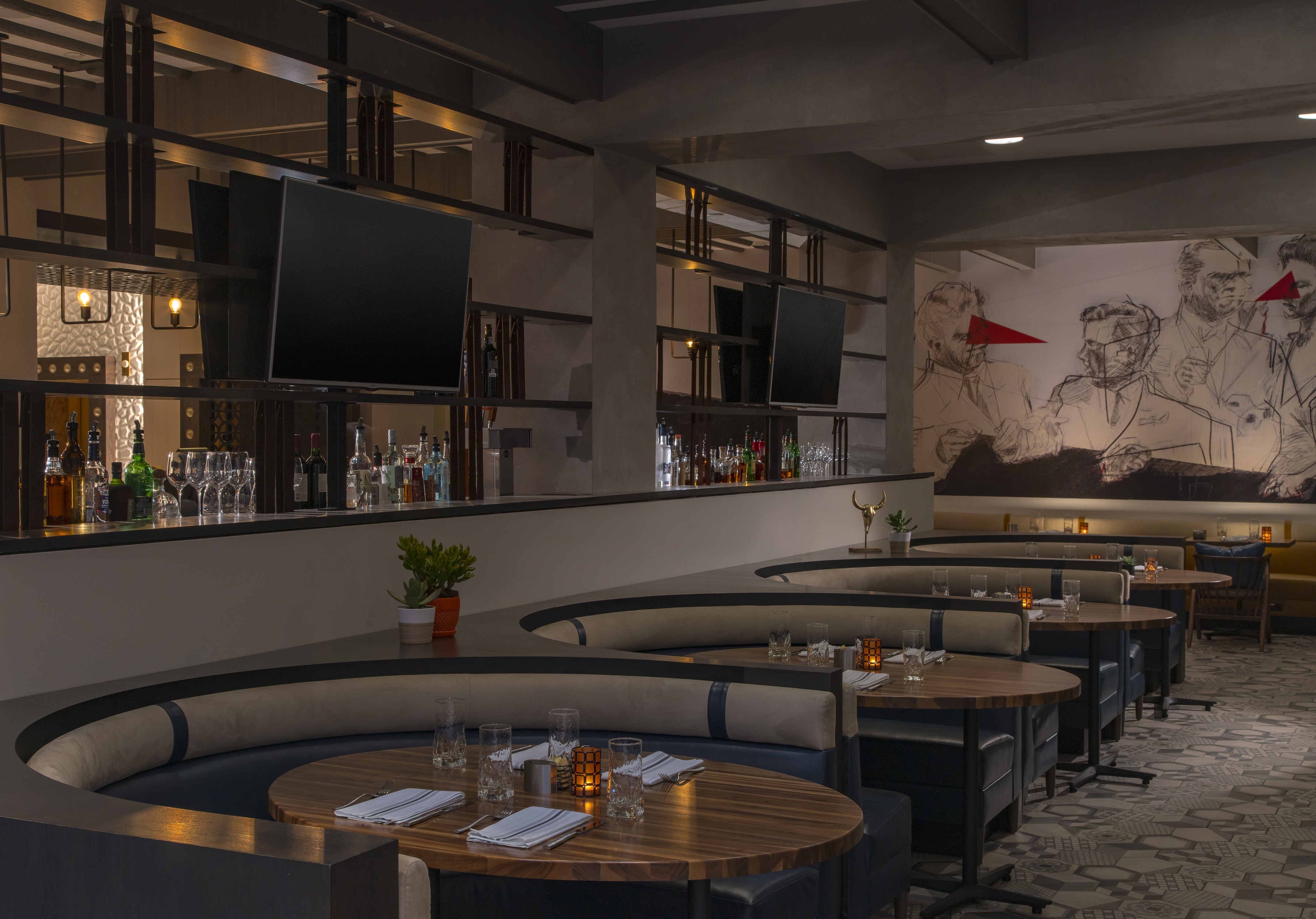 TVs Above Bar, Booth Seating, Round Tables, and Wall Mural at Texture Food & Drink