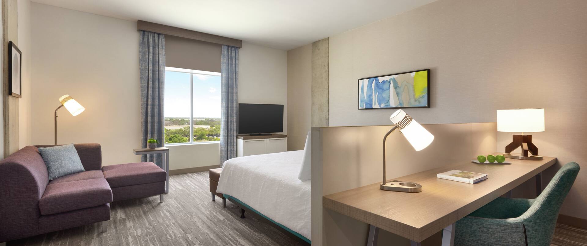 Spacious accessible guest room featuring work desk, comfortable king bed, and beautiful outside view.