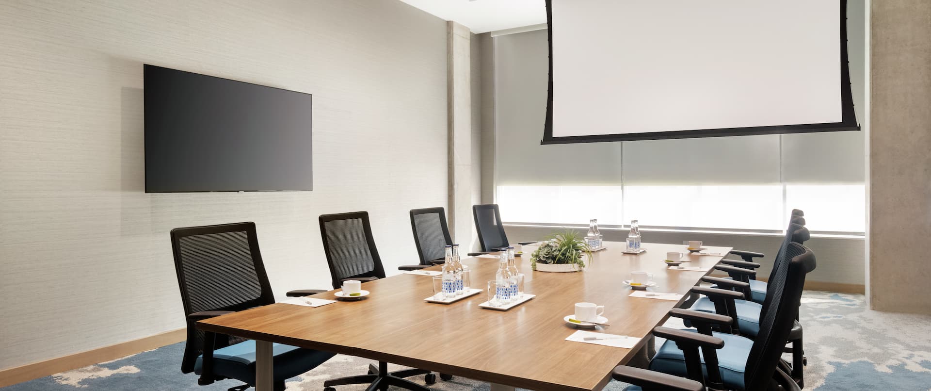 Bright meeting room featuring boardroom table, TV, and projector screen.