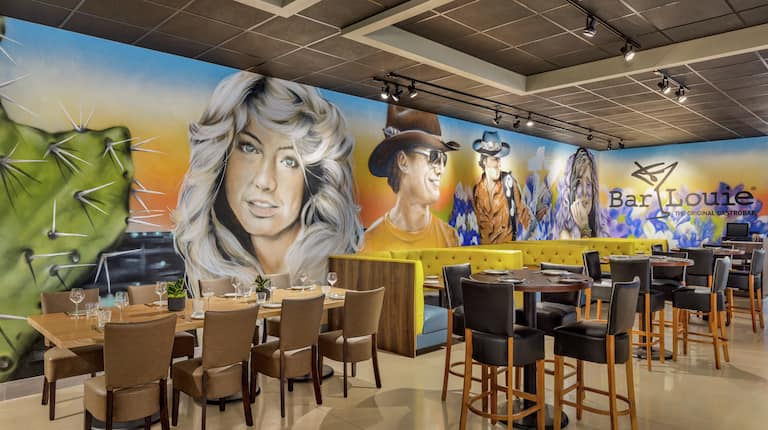 Wonderful on-site restaurant and bar featuring eye-catching mural.