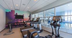 Fitness center cardio machines and free weights bench