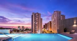 Infinity pool with sunset sky and view of tall buildings
