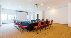 Large meeting room with projector, wide table and twelve chairs