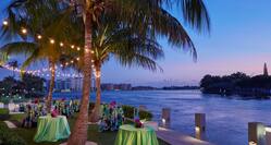 Round Event Tables Set Up With Lighting in Palm Trees By the Water at The Point