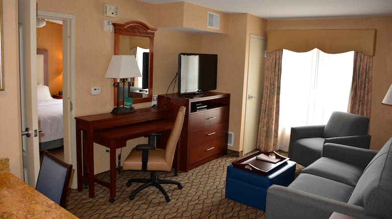 Suite living area with couch, table and workdesk