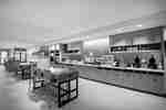 breakfast buffet near a long communal table