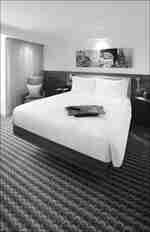 快適なベッド、テレビトレイ、ラウンジエリアを備えた客室