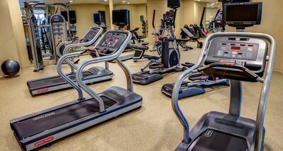 Fitness Center With Cardio Equipment, Exercise Ball, Mirrored Wall, and Weight Benches