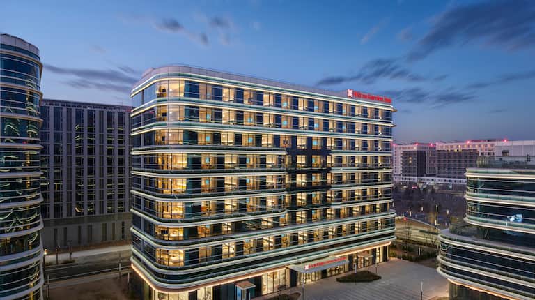 Exterior of hotel building at night