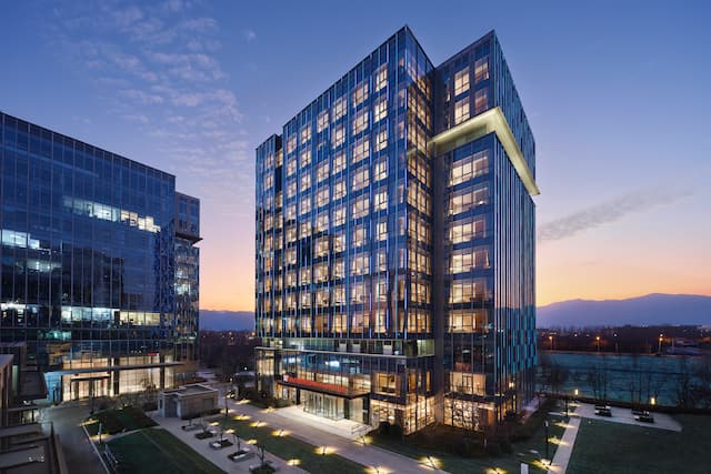 Exterior of hotel building at night