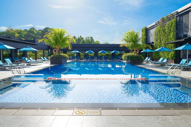 Outdoor Swimming Pool Area with Lounge Chairs under Umbrellas