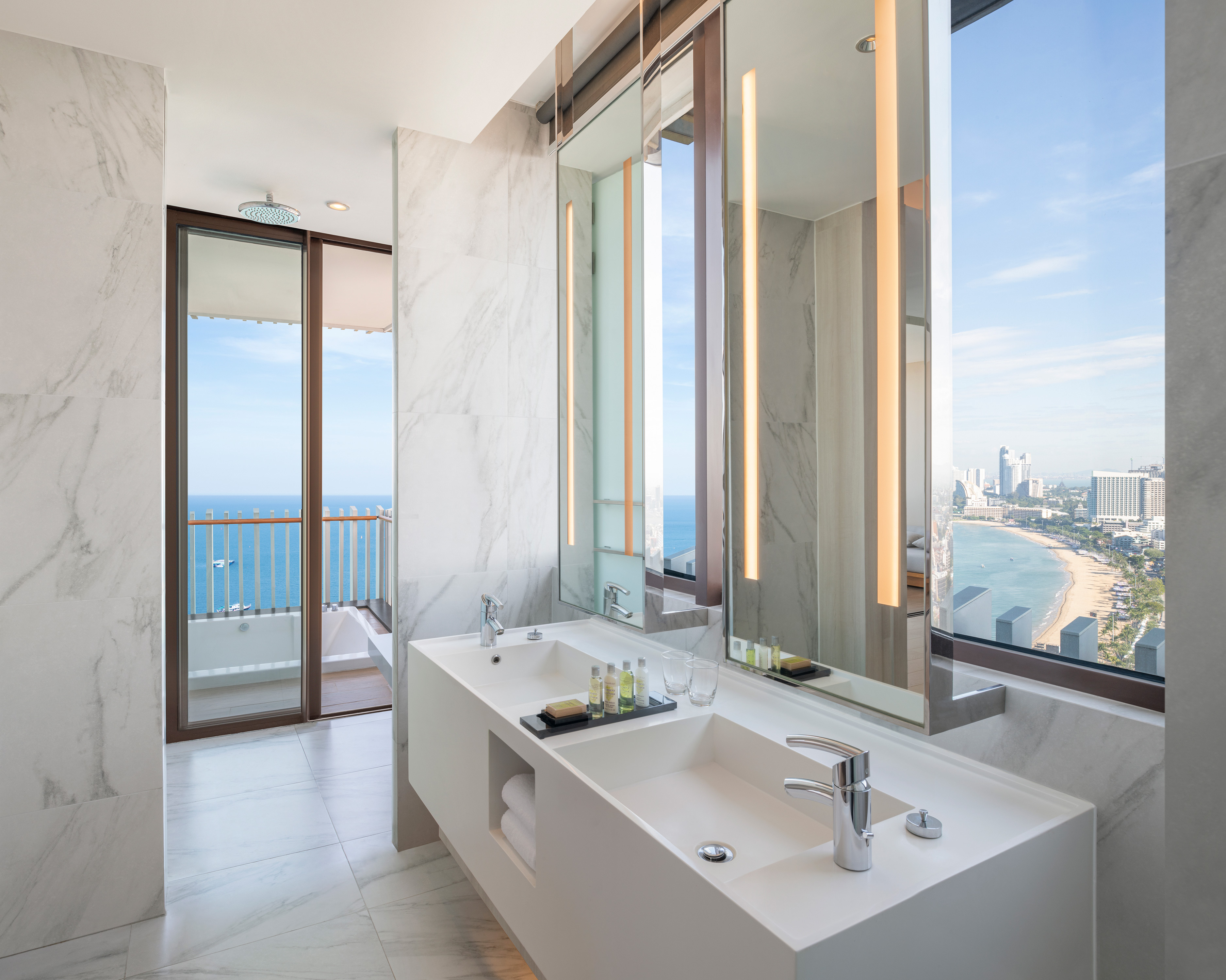 Dual Vanity Area in Bathroom with Ocean View