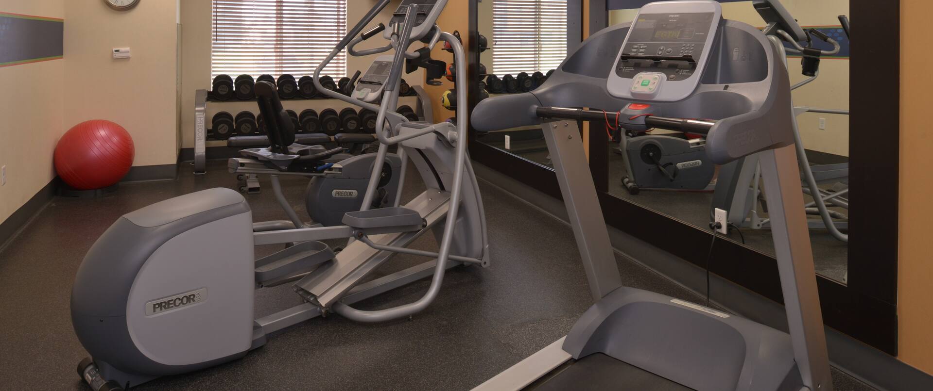 Fitness Room with Treadmill Recumbent Bike and Weights