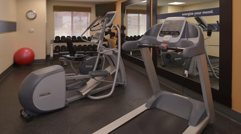 Fitness Room with Treadmill Recumbent Bike and Weights