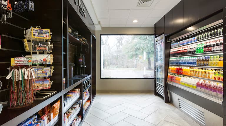 Snacks and Convenience Items for Guest Purchase and Large Window in Made Market Pantry