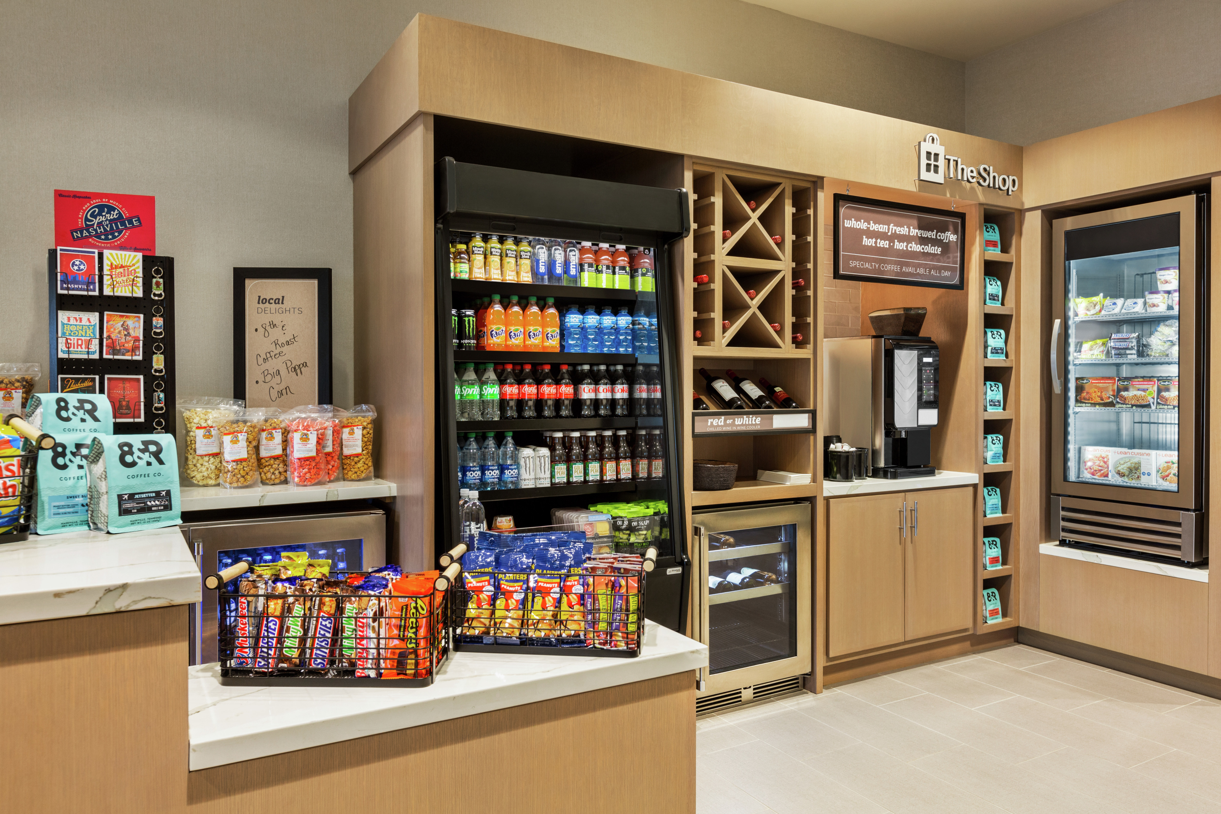 Convenient in lobby market fully stocked with delicious snacks and beverages.
