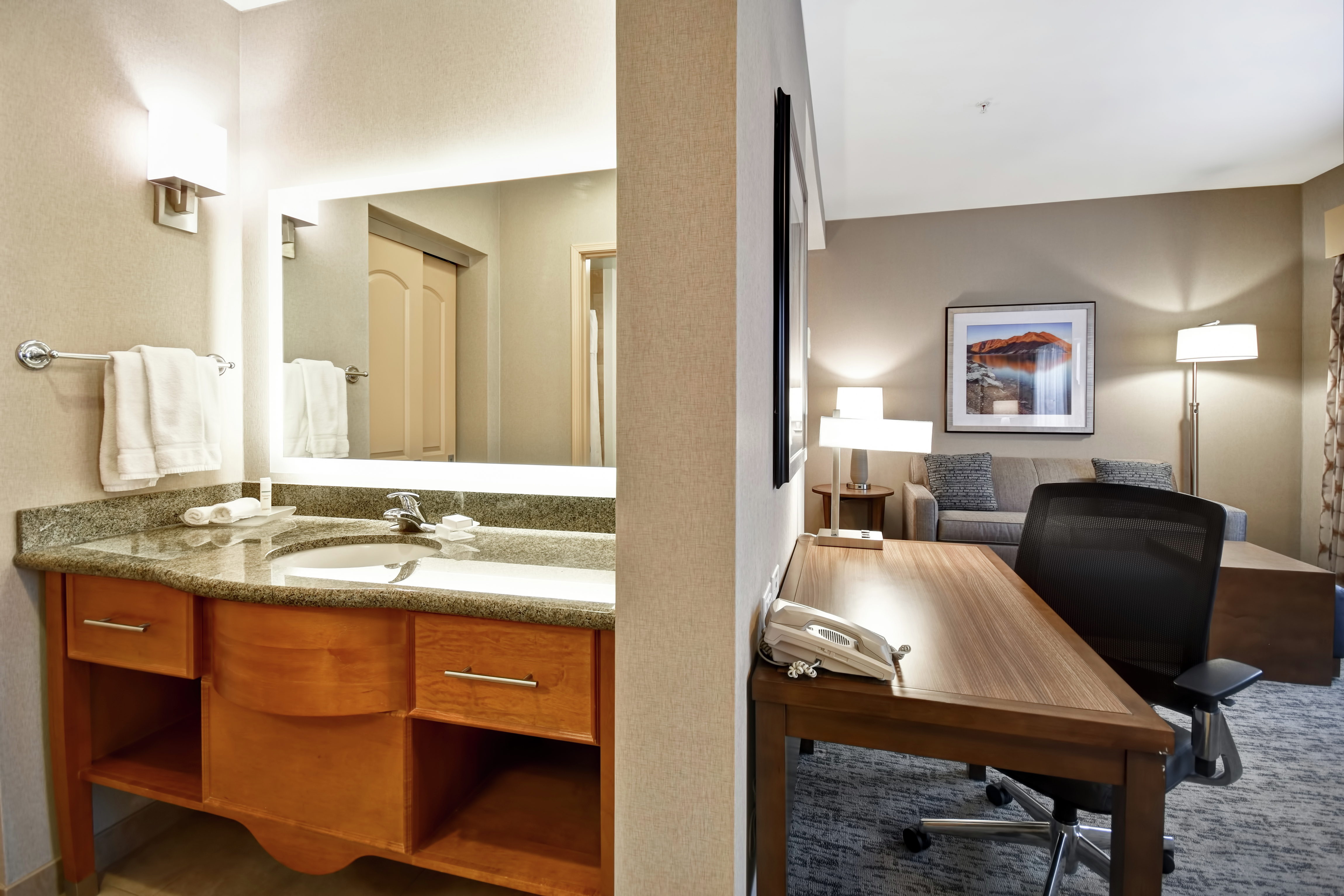 Suite Work Desk and Bathroom Counter