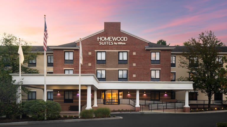 hotel exterior at dusk