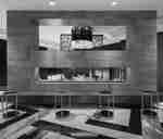 Hotel lobby, stools, fireplace