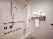 accessible bathroom and tub with hand rails