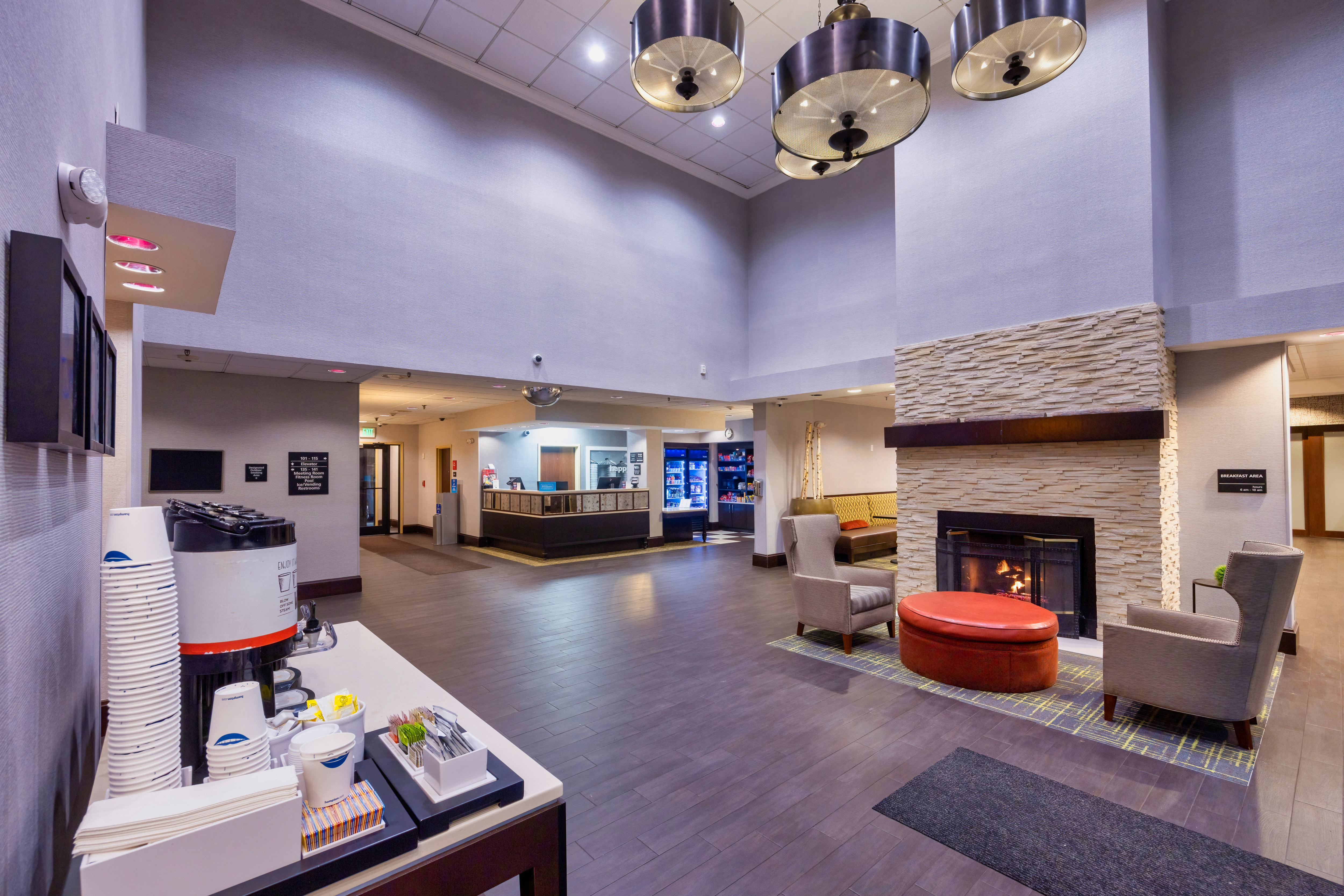 hotel lobby with fireplace
