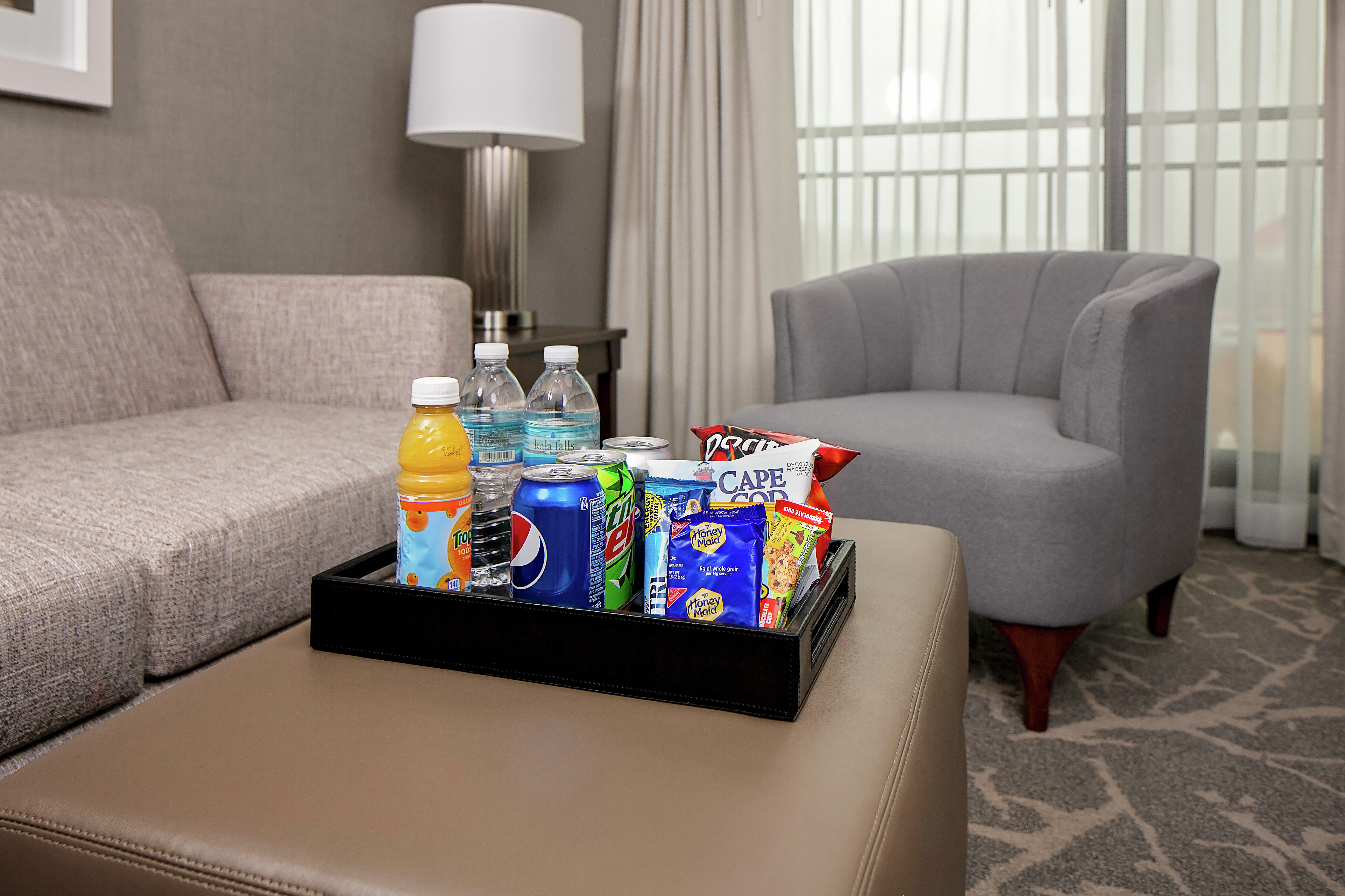 Guestroom with Couch, Table, and a Tray of Chips and Beverages with Outside View