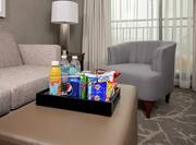 Guestroom with Couch, Table, and a Tray of Chips and Beverages with Outside View