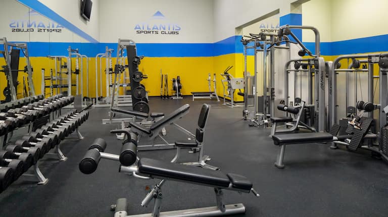 on site fitness center, free weights, weight bench